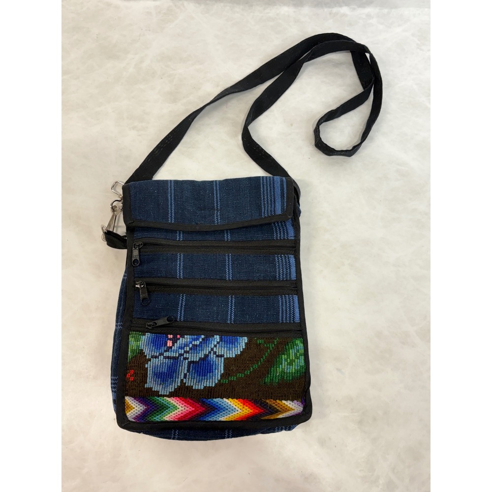 Boho Woven Cotton Crossbody Travel Bag Blue Striped Floral Embroidered Passport
